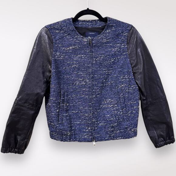 Madewell | Small‎ True Leather Jacket Tweed Bomber Moto Metallic Blue Shimmer - Picture 1 of 13